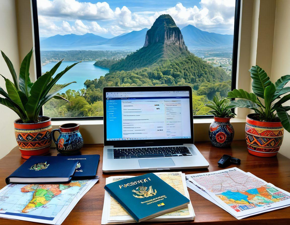 A well-organized desk featuring a passport, visa application forms, and a laptop displaying a scenic view of Guatemala's landscapes. Surrounding the desk, artifacts representing Guatemalan culture, such as colorful textiles and traditional pottery. In the background, a map of Guatemala with highlighted key cities for expats, evoking a sense of exploration and adventure. warm colors, inviting atmosphere, focus on travel and expat lifestyle. super-realistic. vibrant colors.