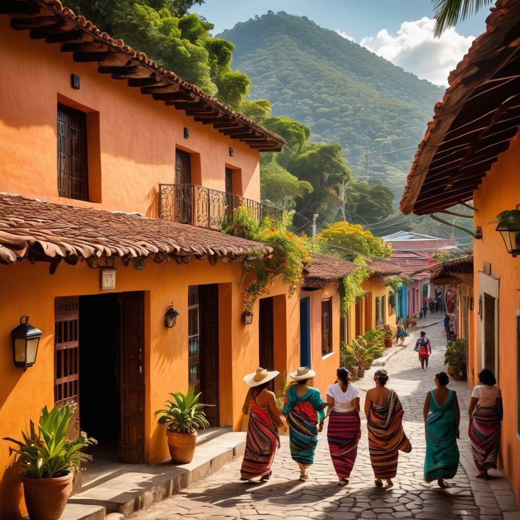 A vibrant scene depicting a diverse group of travelers at a busy Guatemalan consulate, with friendly staff providing assistance. Include elements like colorful traditional Guatemalan textiles, maps, and travel documents in their hands. The background features a picturesque view of Guatemalan architecture and greenery, symbolizing hope and support. super-realistic. vibrant colors. warm atmosphere.