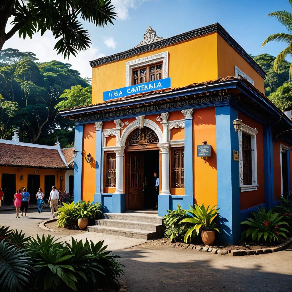A vibrant scene depicting a bustling Guatemalan diplomatic mission, showcasing diverse expats and travelers interacting with friendly staff. Include iconic Guatemalan architecture in the background, with lush greenery and traditional elements, like textiles and handicrafts. Display a signboard indicating essential services, such as visa assistance and cultural information. The atmosphere should feel welcoming and culturally rich. super-realistic. vibrant colors. 3D.